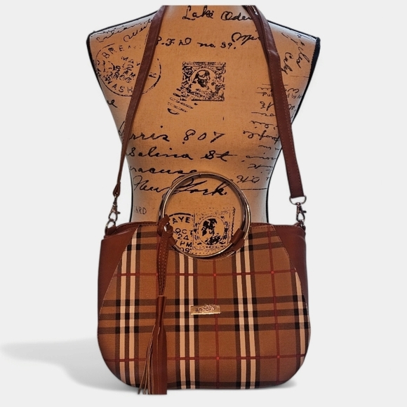 Handbags - Plaid Handbag - Brown and Cream